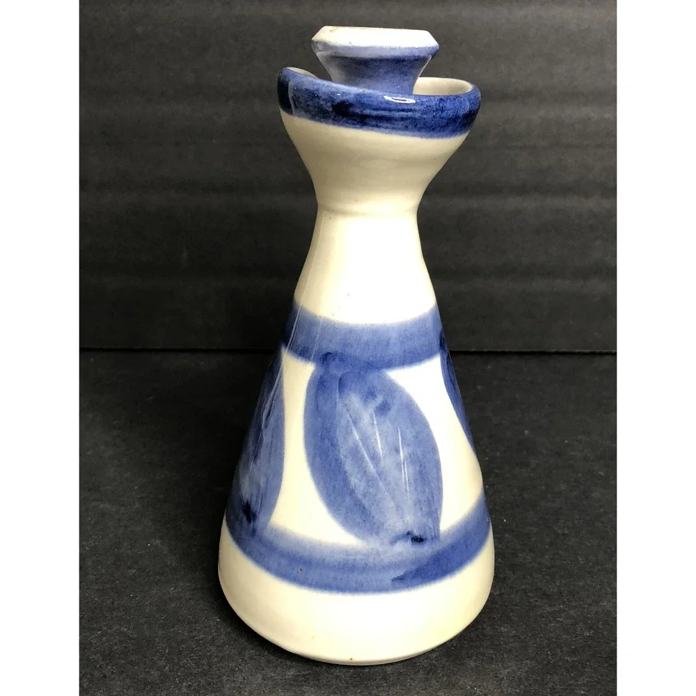 Corfu Pottery Vinegar & Oil Bottles Hand Made Blue and White Leaf Design READ